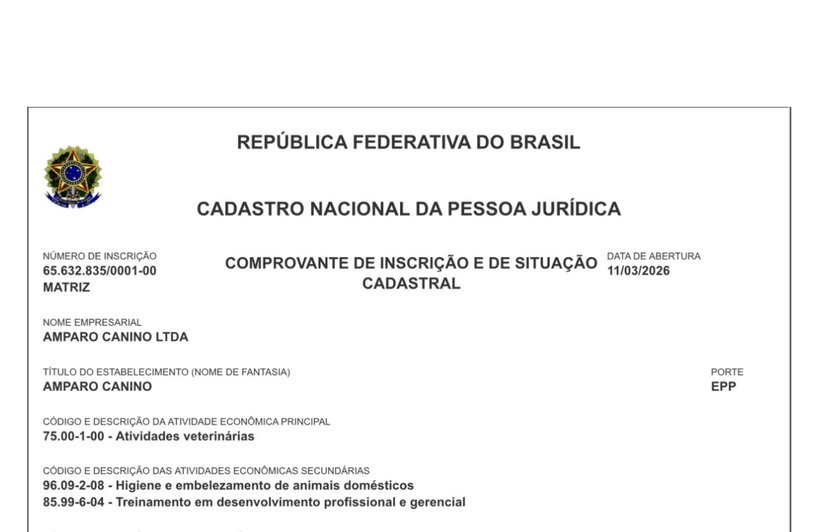 Cartão CNPJ do Amparo Canino LTDA emitido pela Receita Federal